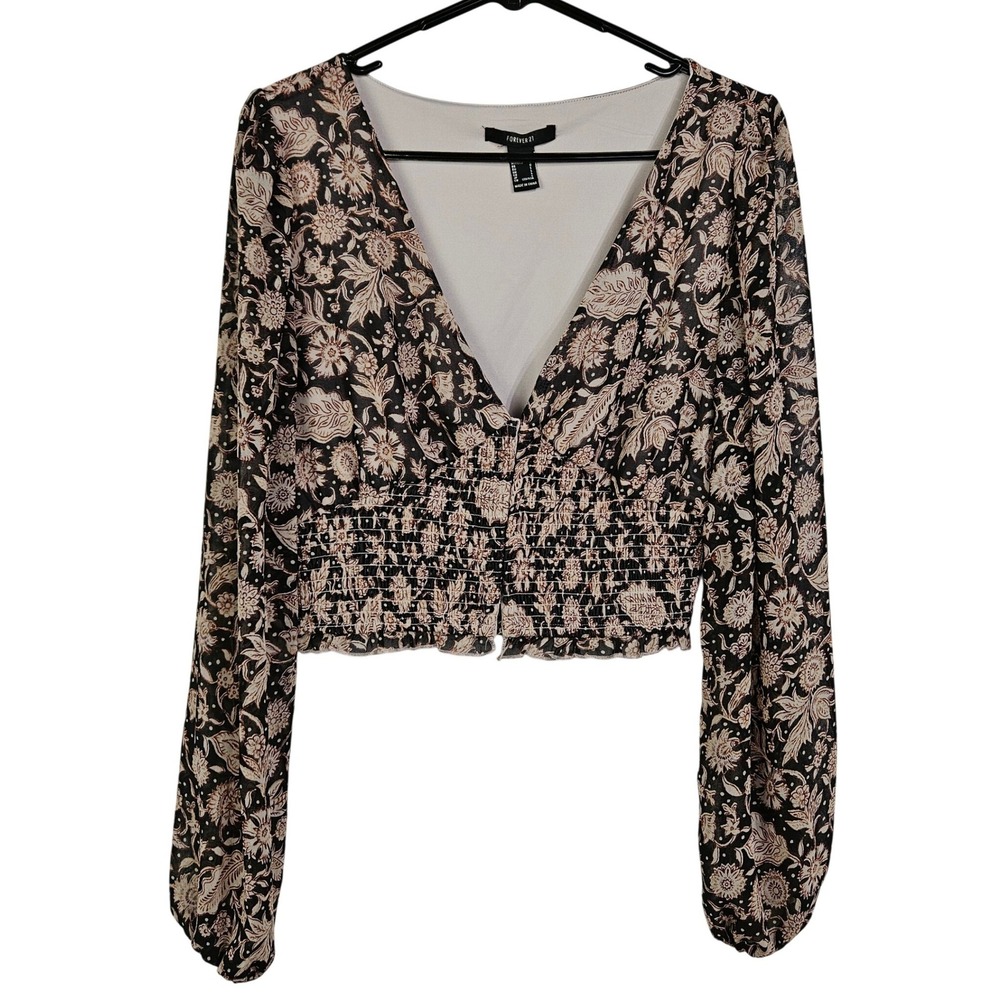 Forever 21 Black Floral Smocked Romantic Cottagecore Crop Top Large Boho Peasant